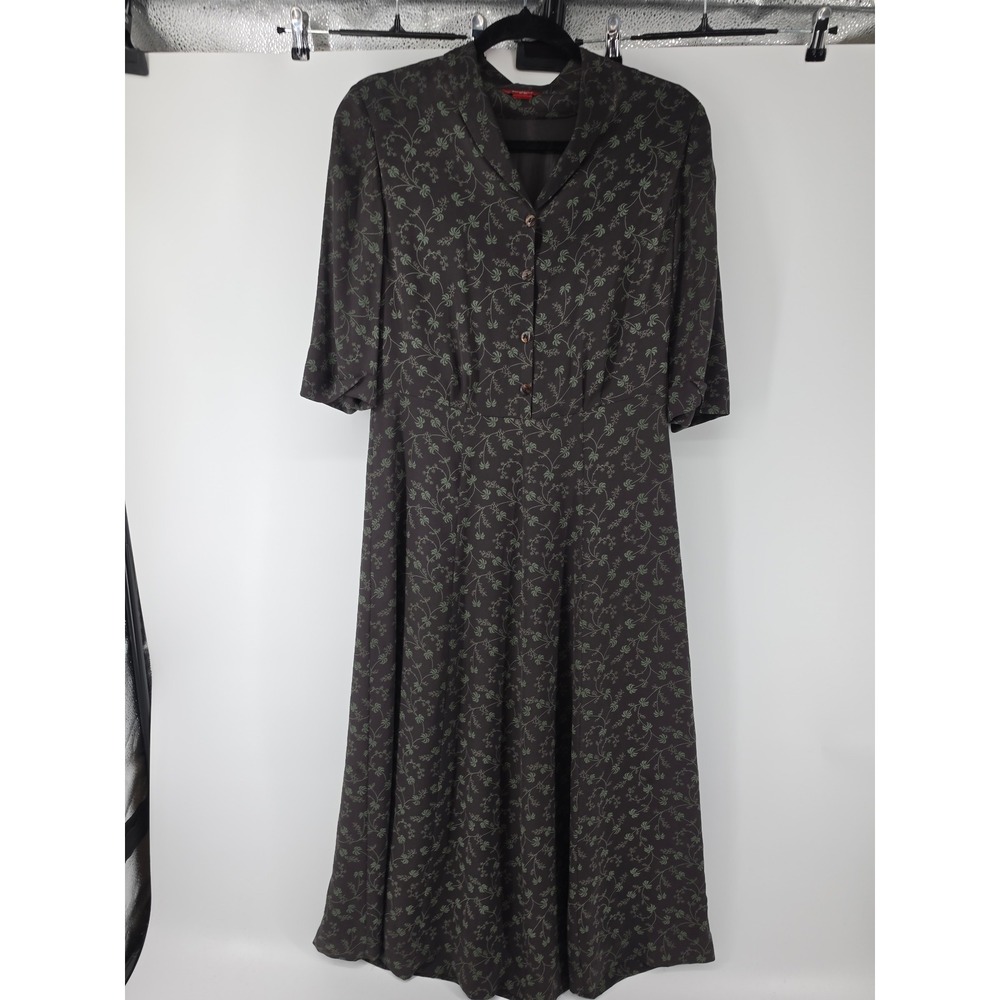 Sundance Silk Midi Dress Brown Green Floral Button Front Short Sleeve Size 4